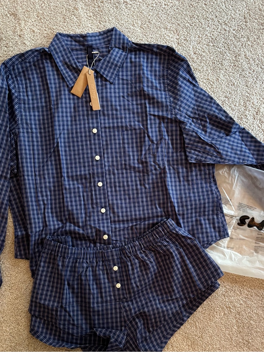 SKIMS Blue Plaid Button-Up Set